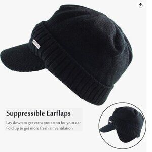 NWOT Camoland Black Men's Knitted Beanie Hat w/ Visor, Ear Flaps & Fleece Lining